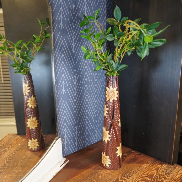 Vintage Studio Pottery Vase Brown Glazed Ceramic Vase with Embossed Flowers - Picture 3 of 12